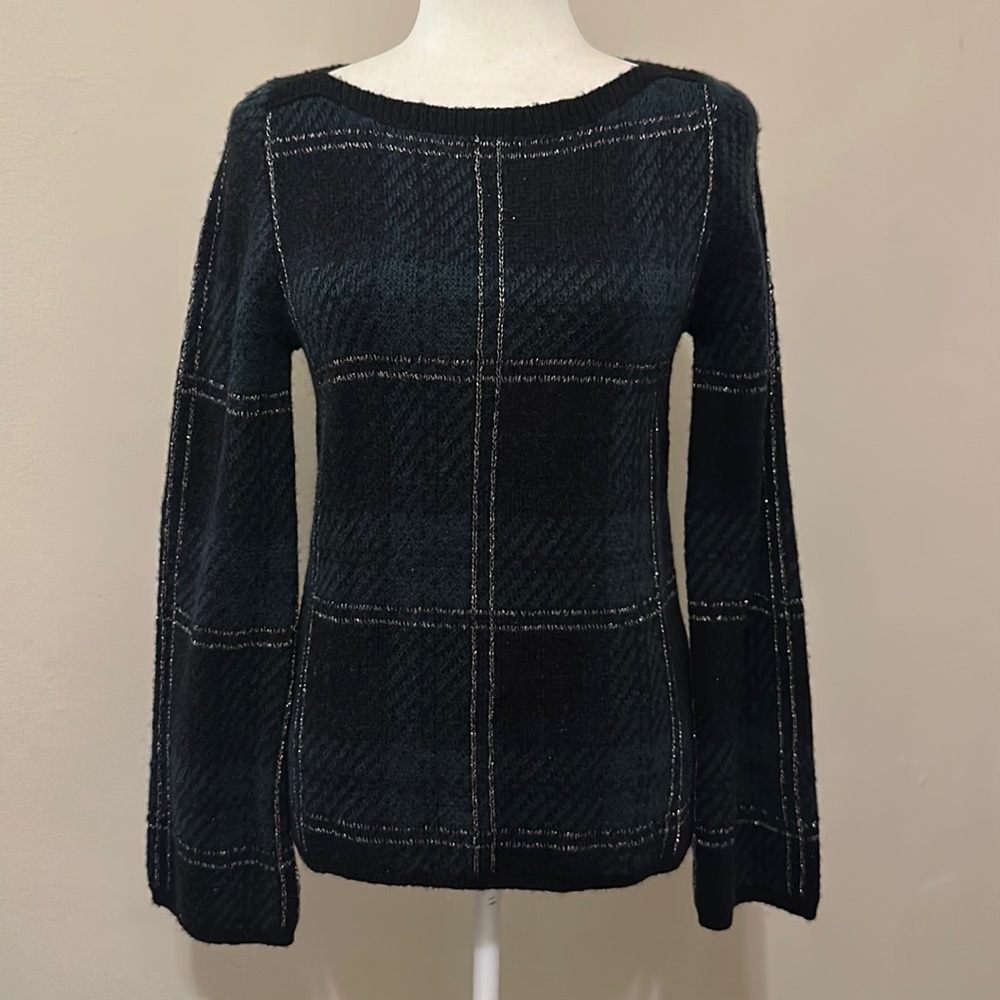Sparkly Metallic Accent Forest Green Plaid Warm Sweater Ann Taylor Size XS